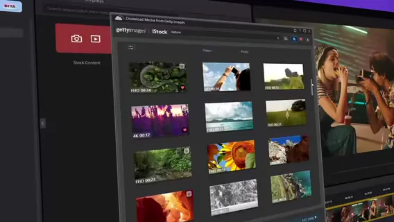 Browsing Getty Images stock videos and music inside PowerDirector 365 and dragging clips to the timeline