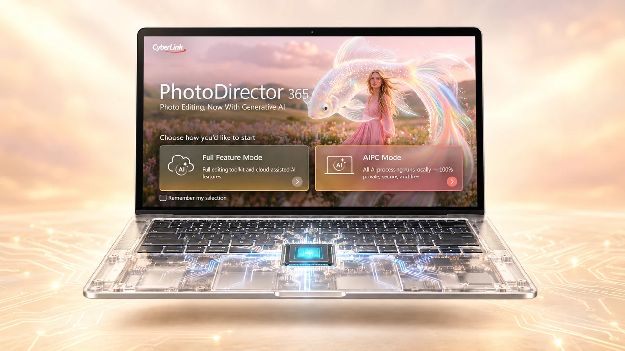A laptop showing the PhotoDirector 365 start screen with Full Feature Mode and AIPC Mode, its AI chip and circuitry visible through a transparent base