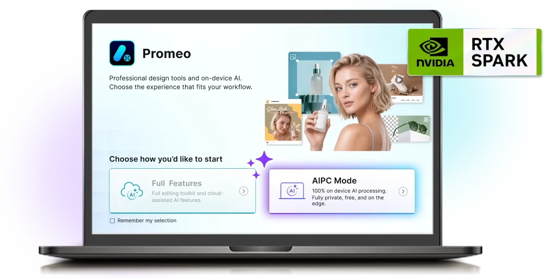 Promeo launcher on a laptop, showing the choice between Full Features and AIPC Mode