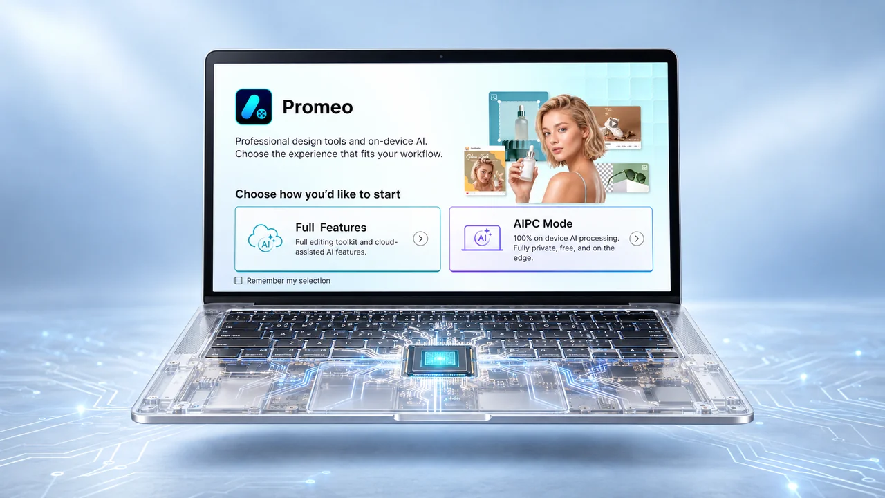 An RTX Spark laptop with a see-through base showing the glowing superchip, running Promeo's launcher