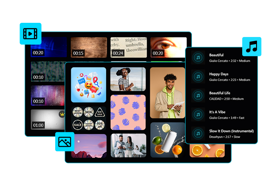 Royalty-free stock images, videos, and music available in Promeo